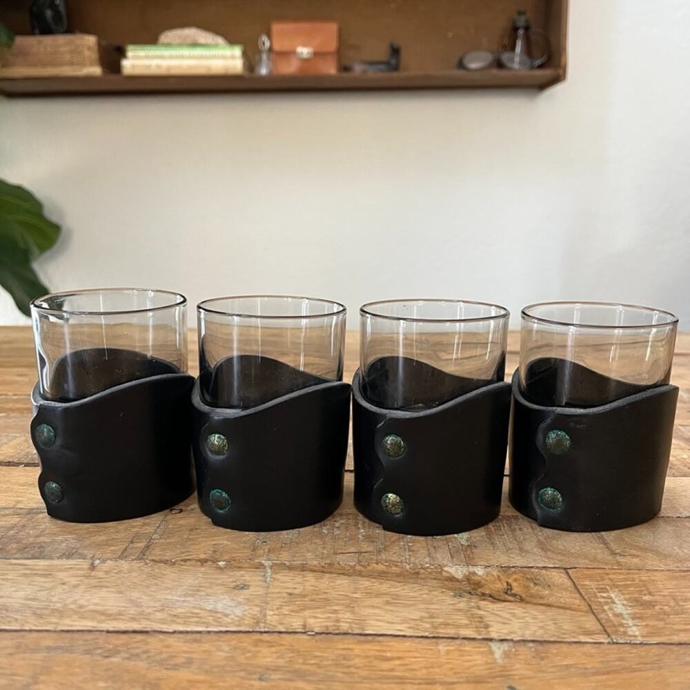 El Cid Leather-Wrapped Whiskey Glasses & Holders 4 Riveted Leather Sleeves